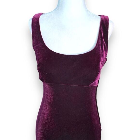 Vintage 90s Maxi Dress Burgundy Velvet Gown Criss-Cross Open Back Column Prom - Picture 3 of 14